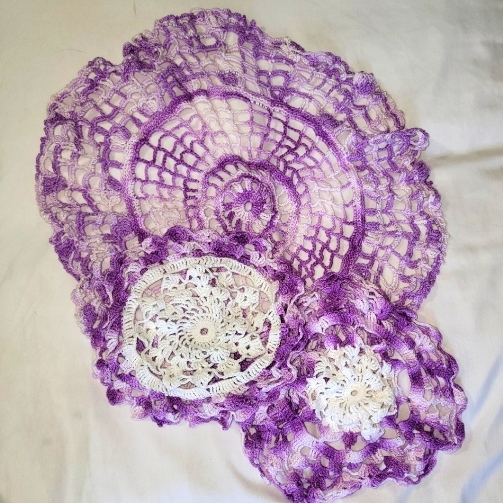 Vintage Crochet Lace Doilie Set 3 Purples White Round Large Medium
